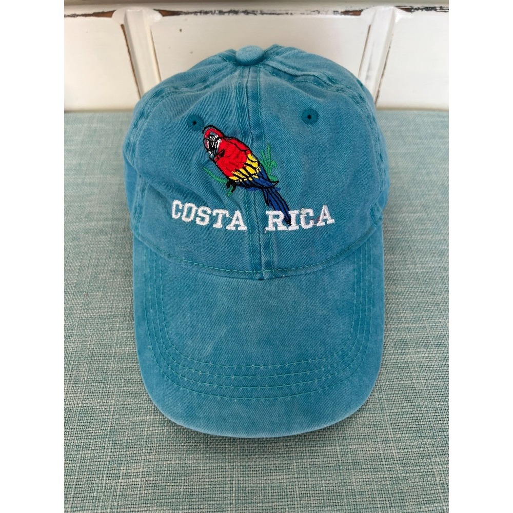 COSTA RICA Dad Hat Washed Blue Embroidered Macaw Parrot One Size Buckle Strap